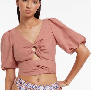 Jets Australia NWT Linen Jetset Puff Sleeve Top Musk Small